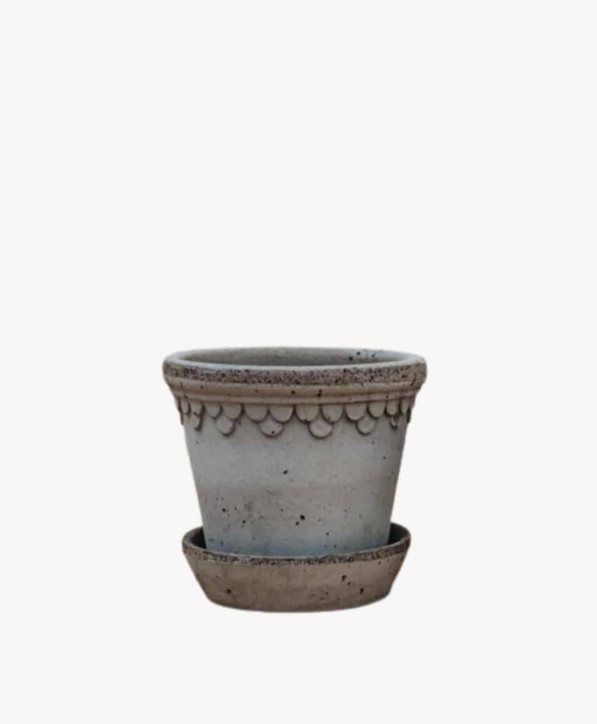 A gray, weathered ceramic flower pot with a matching saucer beneath it. The pot features a decorative scalloped edge under the rim and is empty, set against a plain white background.