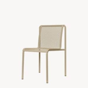 A beige metal chair with a perforated seat and backrest, featuring a minimalist design and four straight legs, set against a plain white background.