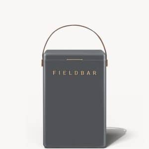 A rectangular, dark gray cooler with a brown handle and the word FIELDBAR in gold letters on the front, set against a plain white background.