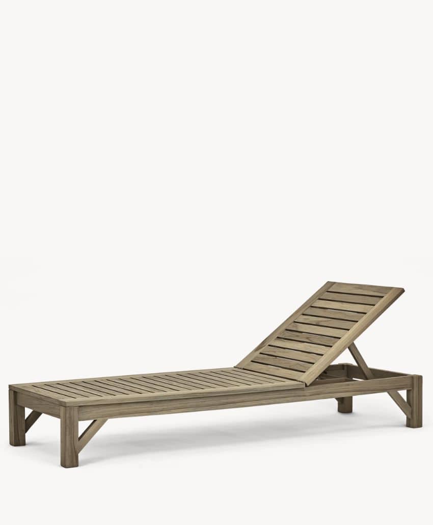 A wooden outdoor chaise lounge chair with a slatted design and an adjustable backrest, shown in a reclined position against a plain white background.