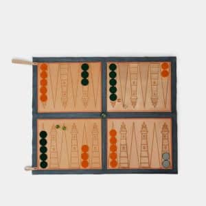 A flat, open backgammon board features tan and orange sections, with dark green and orange playing pieces arranged on the board, along with two dice and a doubling cube. The board rests on a white background.