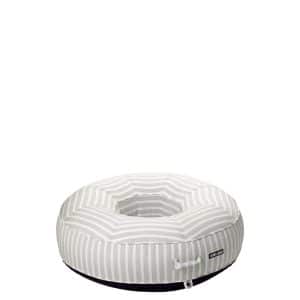 A round, inflatable pool float with white and light gray stripes, featuring a mesh center and a white handle on the side.