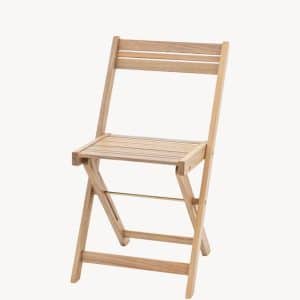 A simple wooden folding chair with horizontal slats on the seat and backrest, displayed against a plain white background.