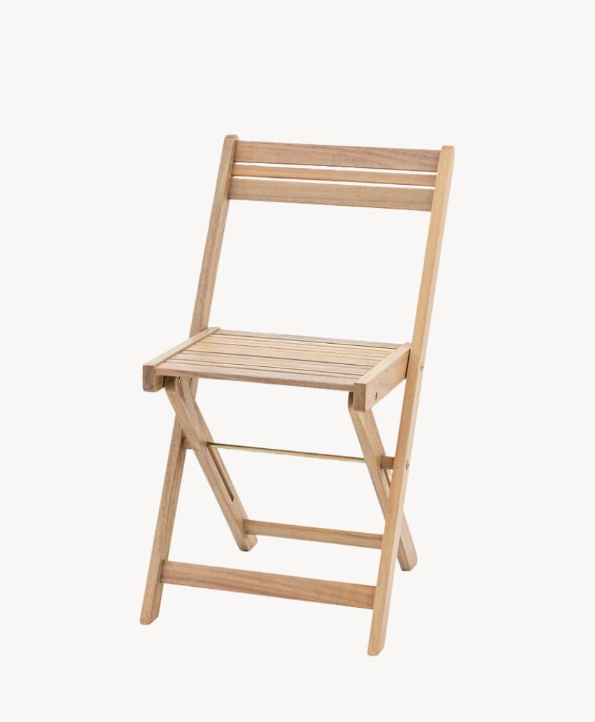 A simple wooden folding chair with horizontal slats on the seat and backrest, displayed against a plain white background.