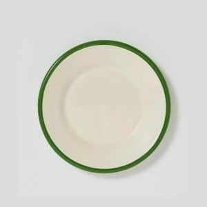 A plain white plate with a green rim, centered on a light gray background.