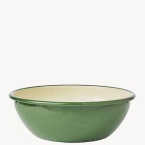 A green ceramic mixing bowl with a cream-colored interior, shown against a plain white background.
