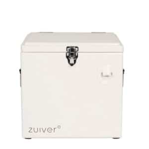 A white, square storage box with a latch on the front, a handle on the side, and the word ZUIVER° printed on the lower left corner.