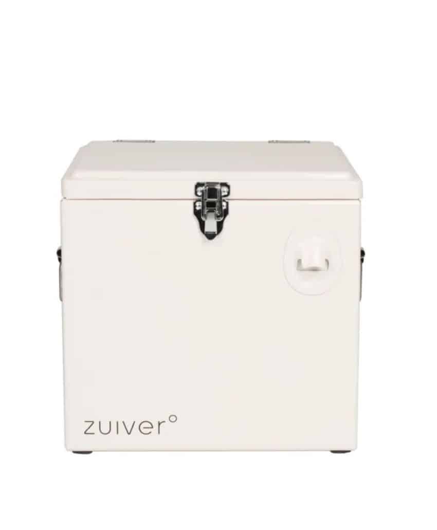 A white, square storage box with a latch on the front, a handle on the side, and the word ZUIVER° printed on the lower left corner.