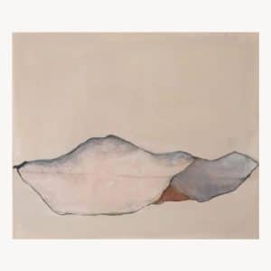Minimalist painting of abstract mountain shapes in muted tones of beige, gray, and soft pink, set against a plain light background. The forms are softly outlined and blend gently into each other.