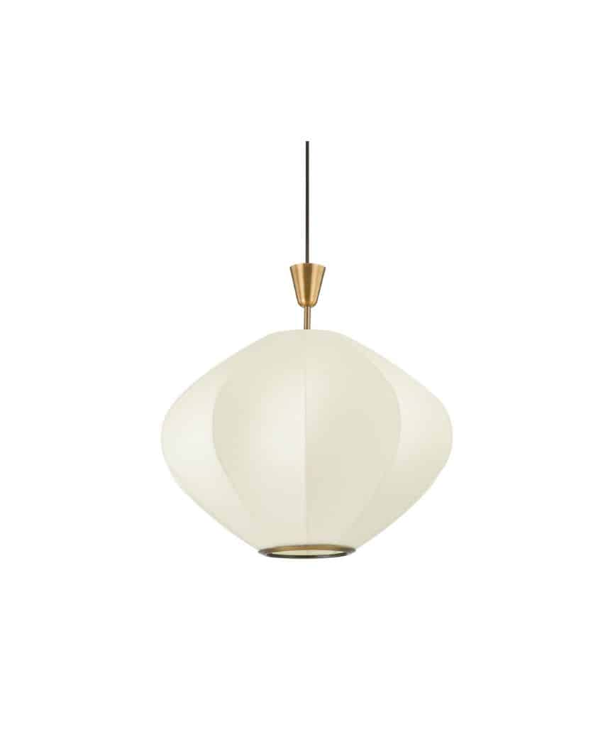 A modern pendant lamp with a white, rounded, geometric shade and a gold accent near the top, suspended by a thin black cord against a plain white background.