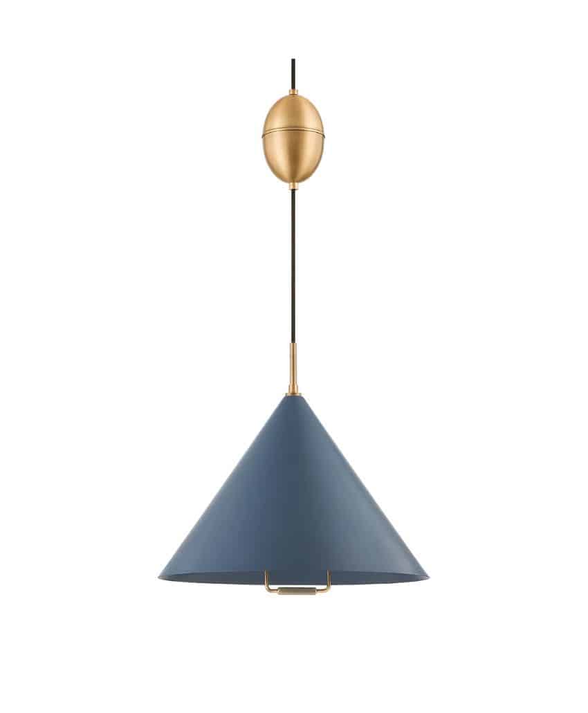 A modern pendant light with a matte blue, cone-shaped shade, suspended by a black cord and a brass-finished oval fixture above.