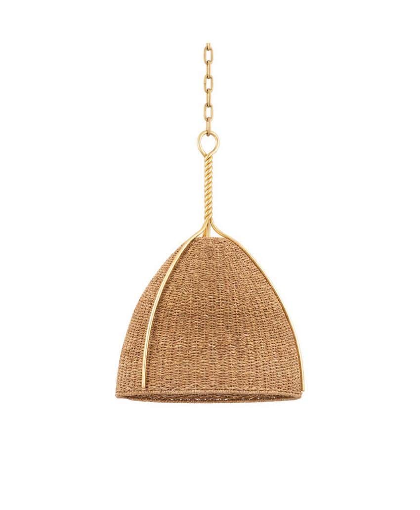 A pendant light with a dome-shaped, woven rattan shade and gold metal accents, suspended from a gold chain.