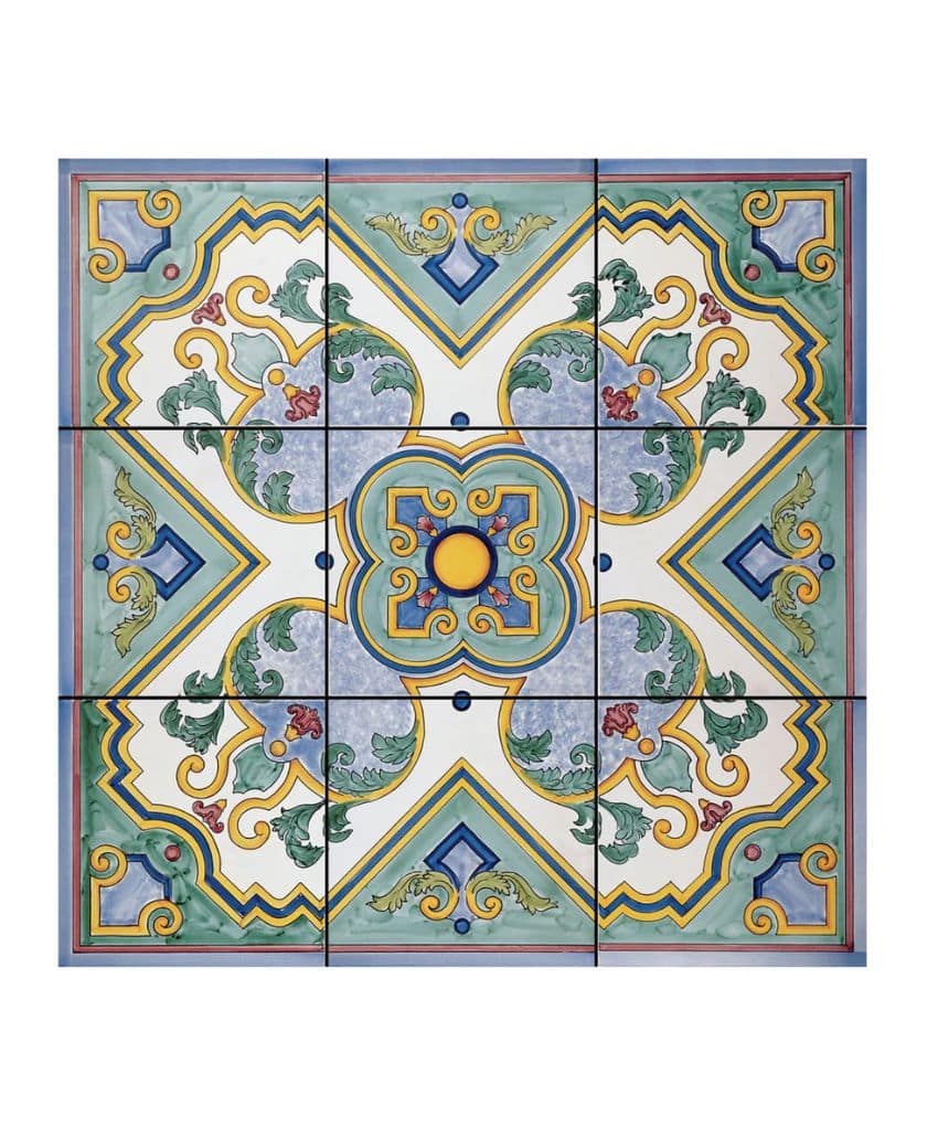 Ornate ceramic tile design with symmetrical floral and vine motifs in green, yellow, blue, and red colors on a white background, divided into nine square sections.