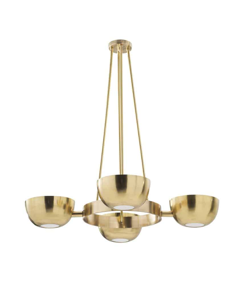A modern brass chandelier with four bowl-shaped lampshades arranged in a circular pattern, suspended from the ceiling by four slender rods.
