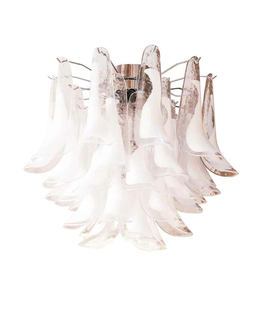 A modern chandelier with layered, translucent glass pieces shaped like curved petals or leaves, attached to a central metallic fixture. The design creates a cascading, sculptural effect.