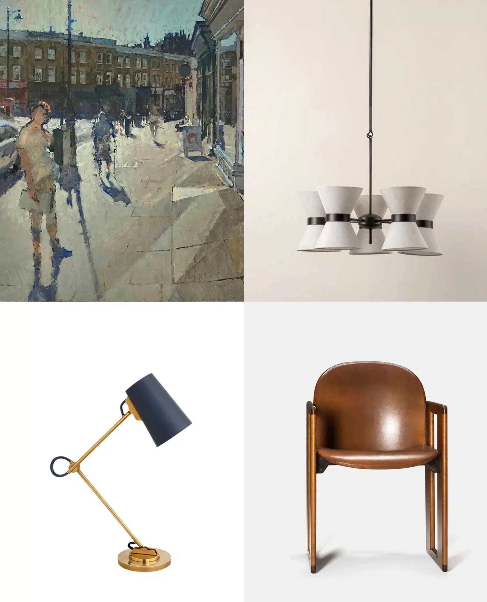 A collage of four items: a street scene painting, a modern white pendant light, a gold and black desk lamp, and a wooden armchair with a curved backrest.