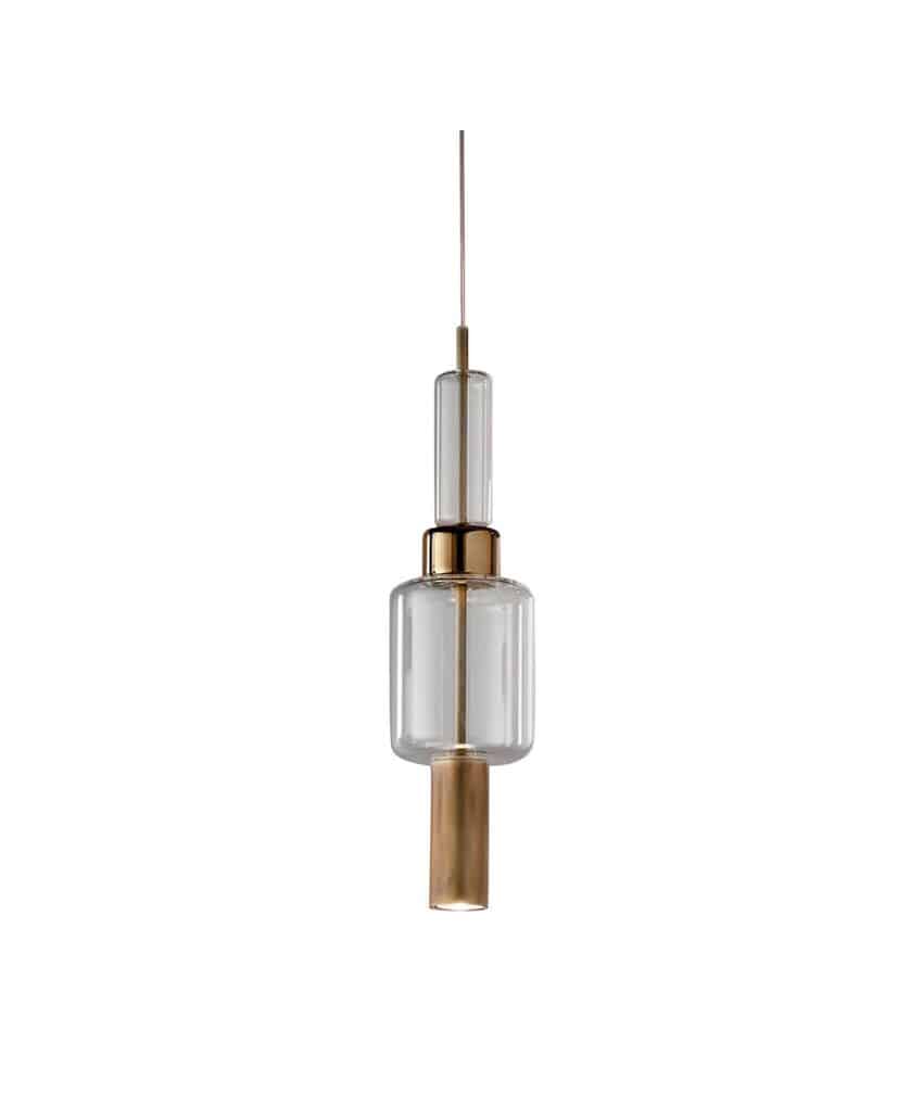 A modern pendant light with a cylindrical glass shade and metallic gold accents, suspended from a thin cord against a white background.