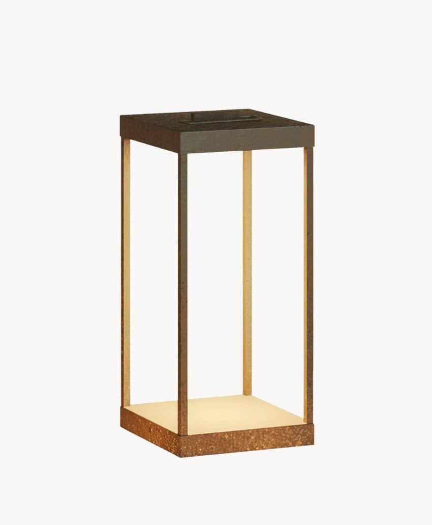 A modern, rectangular lantern with an open frame and a flat, dark top. The lantern emits a warm light from the base, illuminating the inner edges of the frame.