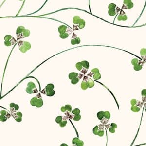 A seamless pattern of hand-painted green clovers with long, curving stems on a light beige background. The clovers have heart-shaped leaves and subtle watercolor texture.