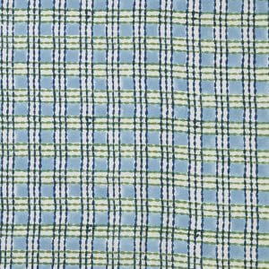 A repeating plaid pattern with vertical and horizontal lines in shades of blue and green, creating a grid on a light blue background. The lines have a hand-drawn, watercolor effect.