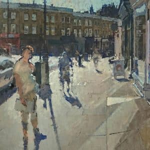 Impressionistic painting of a sunlit city street with a few blurred figures walking along the sidewalk, buildings in the background, and long shadows cast on the pavement.