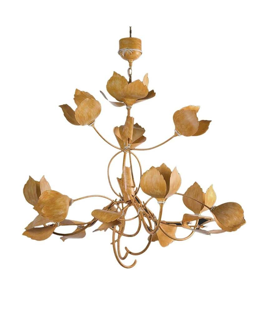 A gold chandelier with multiple curved arms, each ending in a flower-shaped fixture resembling petals, against a plain white background.
