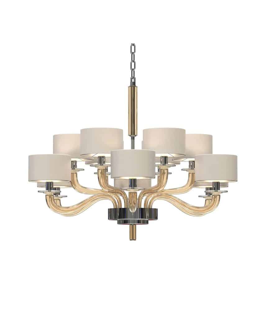 Modern chandelier with two tiers of curved, gold-toned metal arms, each supporting cream-colored drum lampshades, suspended from a chain and rod.