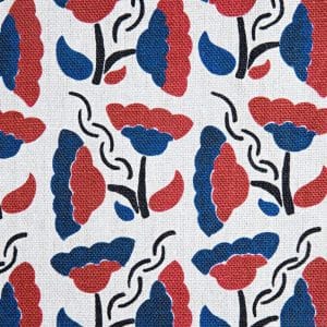 Patterned fabric with a repeating design of stylized red and blue flowers with black stems and leaves on a white textured background. The flowers appear in alternating directions, creating a symmetrical, decorative motif.