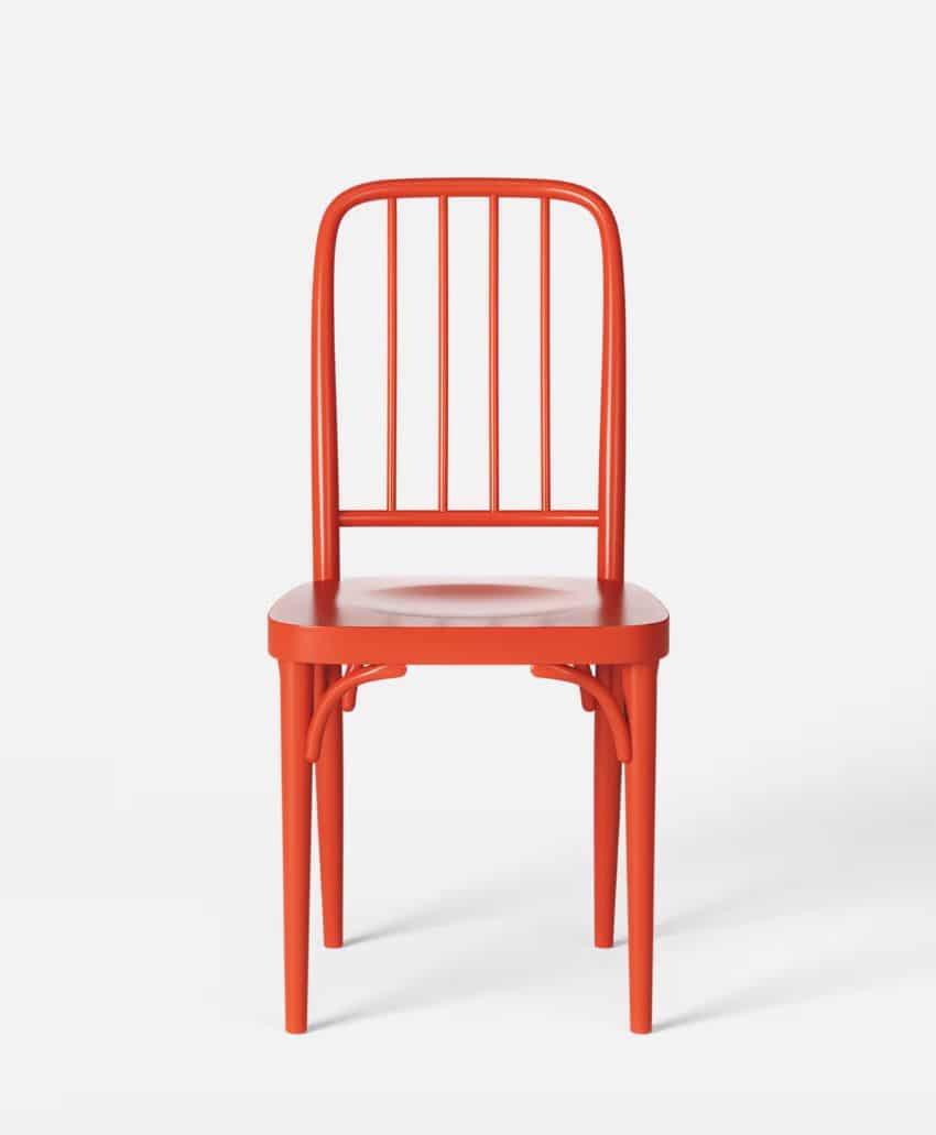 A simple red wooden chair with vertical slats on the backrest, four straight legs, and a flat seat, shown against a plain white background.
