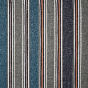 Fabric with vertical stripes in blue, gray, black, white, and orange. The stripes vary in width and are evenly spaced, creating a repeating, colorful pattern on a textured material background.
