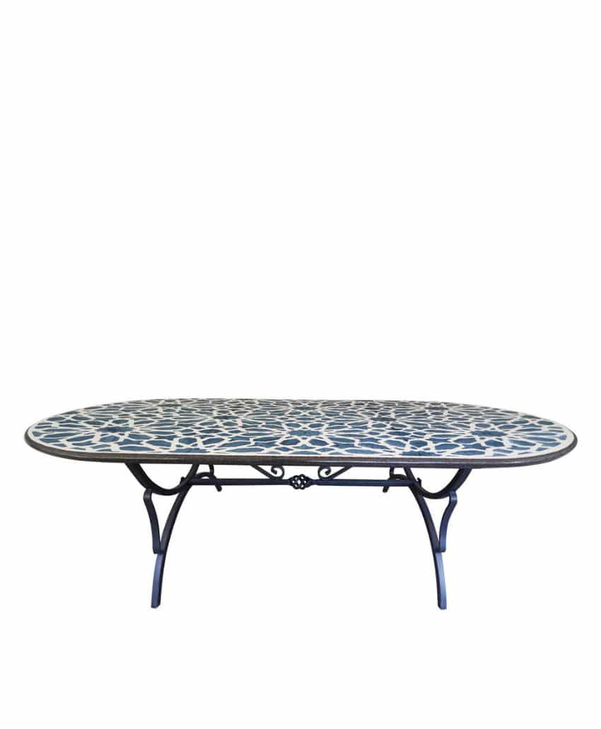 Oval-shaped table with a decorative blue and white mosaic tile top and black metal legs, shown against a white background.