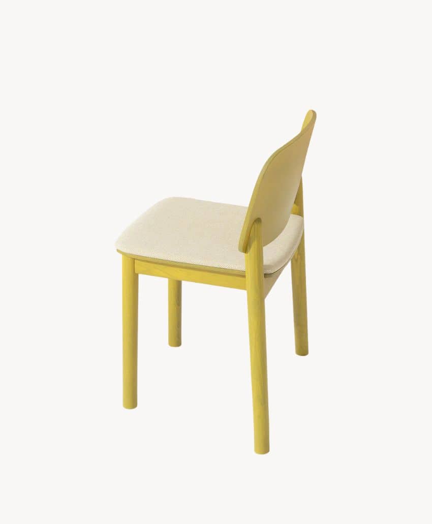 A modern chair with a yellow wooden frame and beige cushioned seat and backrest, shown against a plain white background.