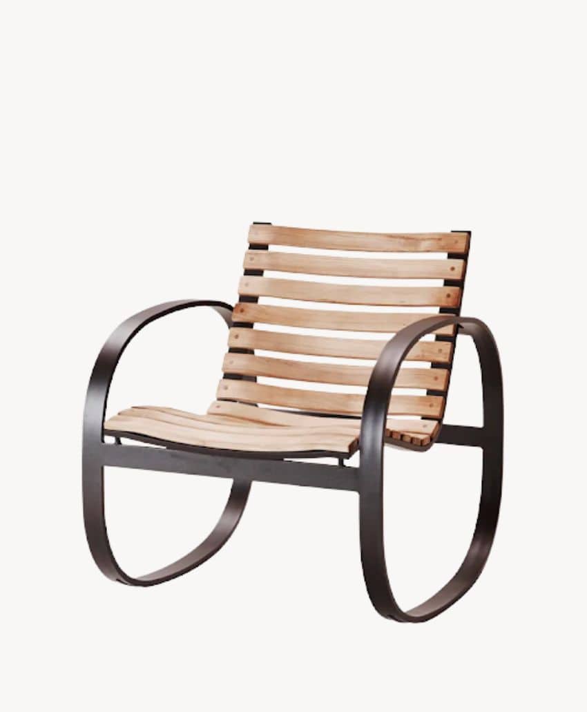 A modern rocking chair with a slatted wooden seat and backrest, featuring curved, black metal armrests and a matching metal rocking base.