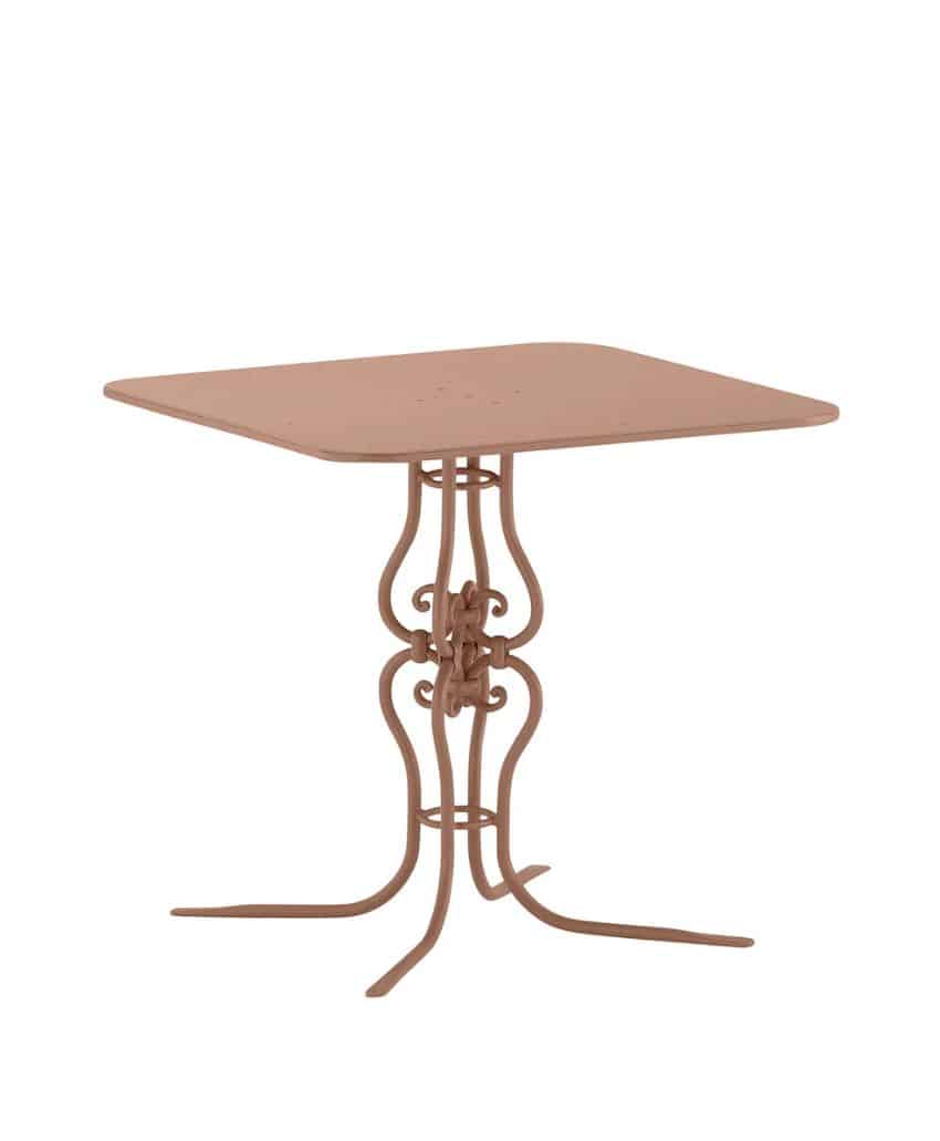 A brown, square metal table with a thin tabletop and an ornate, curved base standing on four legs.