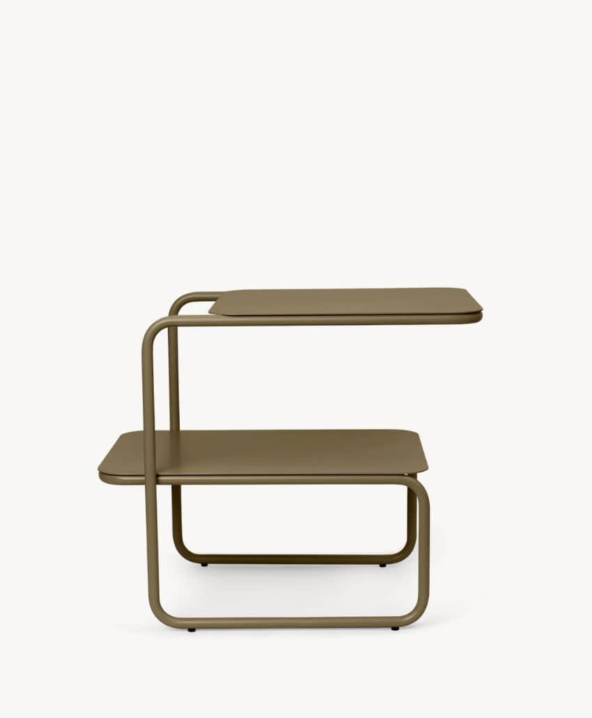 A modern, minimalist two-tier side table with a taupe metal frame and rectangular shelves, featuring rounded edges and an open, geometric design against a plain white background.