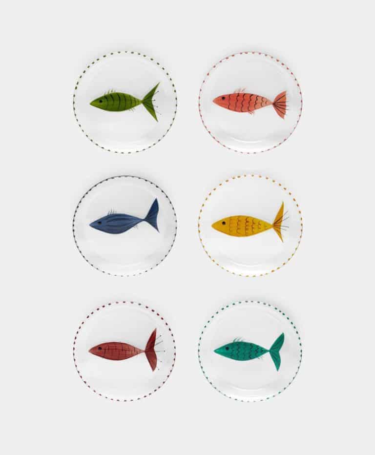 Fish Hand-Painted Glass Bread Plates – 4.5in/11.5cm (Set of 6)