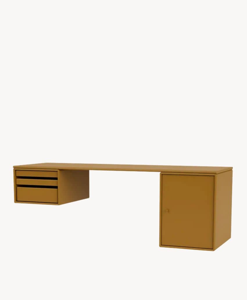 Minimalist mustard yellow desk with two drawers on the left and a cabinet with a door on the right, set against a plain white background.