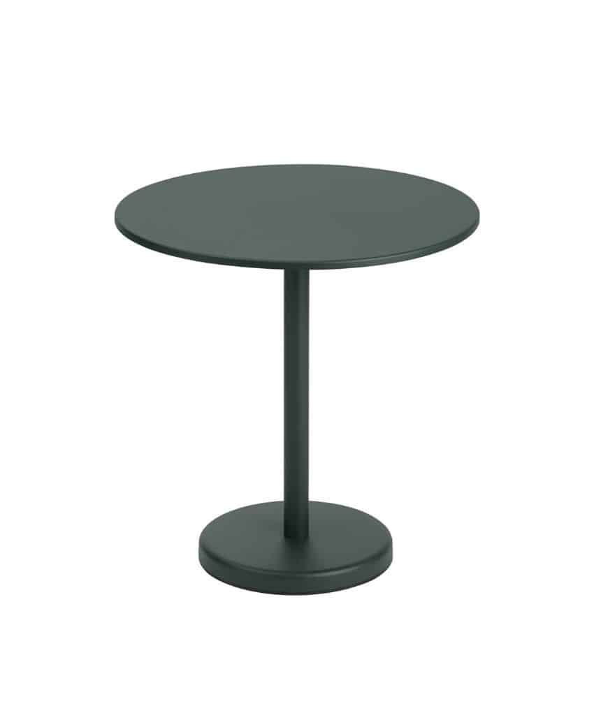 A small, round, dark green table with a single central pedestal base, shown on a plain white background.