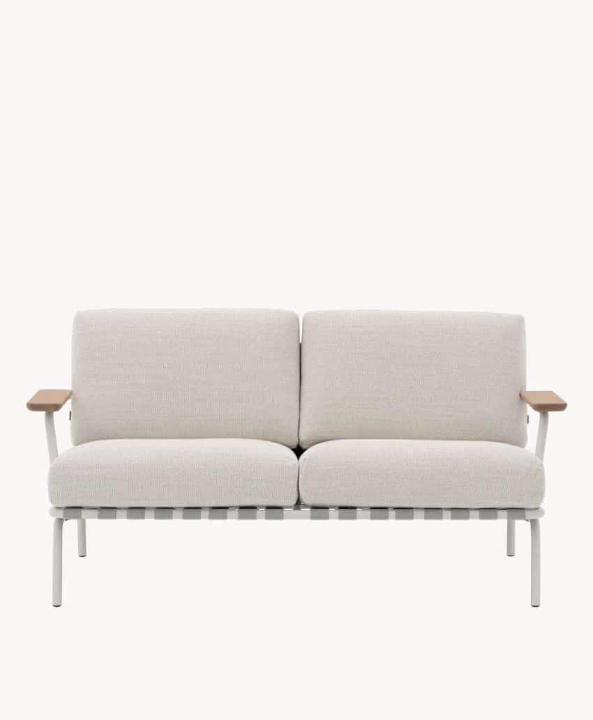 A modern, light gray two-seater sofa with cushioned seats and backrests, white metal legs, and flat wooden armrests, set against a plain, light background.