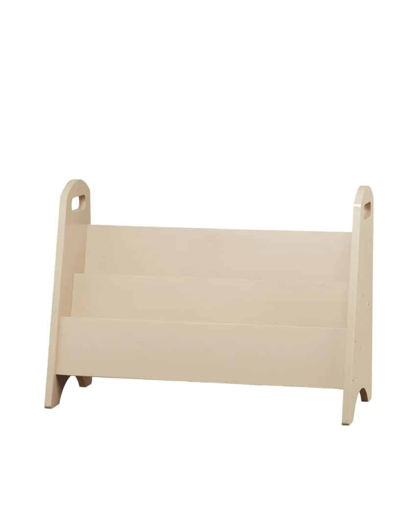 A light-colored wooden bookshelf with two tiers and angled sides, featuring handle cutouts at the top of each side panel. The shelf is empty and set against a plain white background.