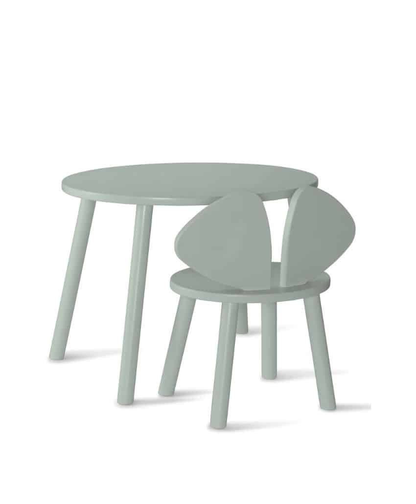 A small, light gray table with three legs is paired with a matching chair that has a rounded seat and two large, petal-shaped backrests.