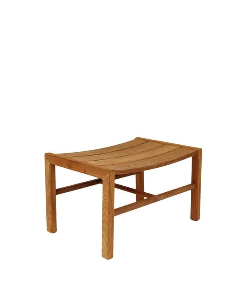 A simple wooden stool with a curved seat and four straight legs, shown against a plain white background.