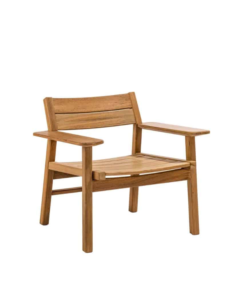 A wooden armchair with a slatted back, wide armrests, and a simple, modern design. The chair has a natural wood finish and appears sturdy and comfortable.