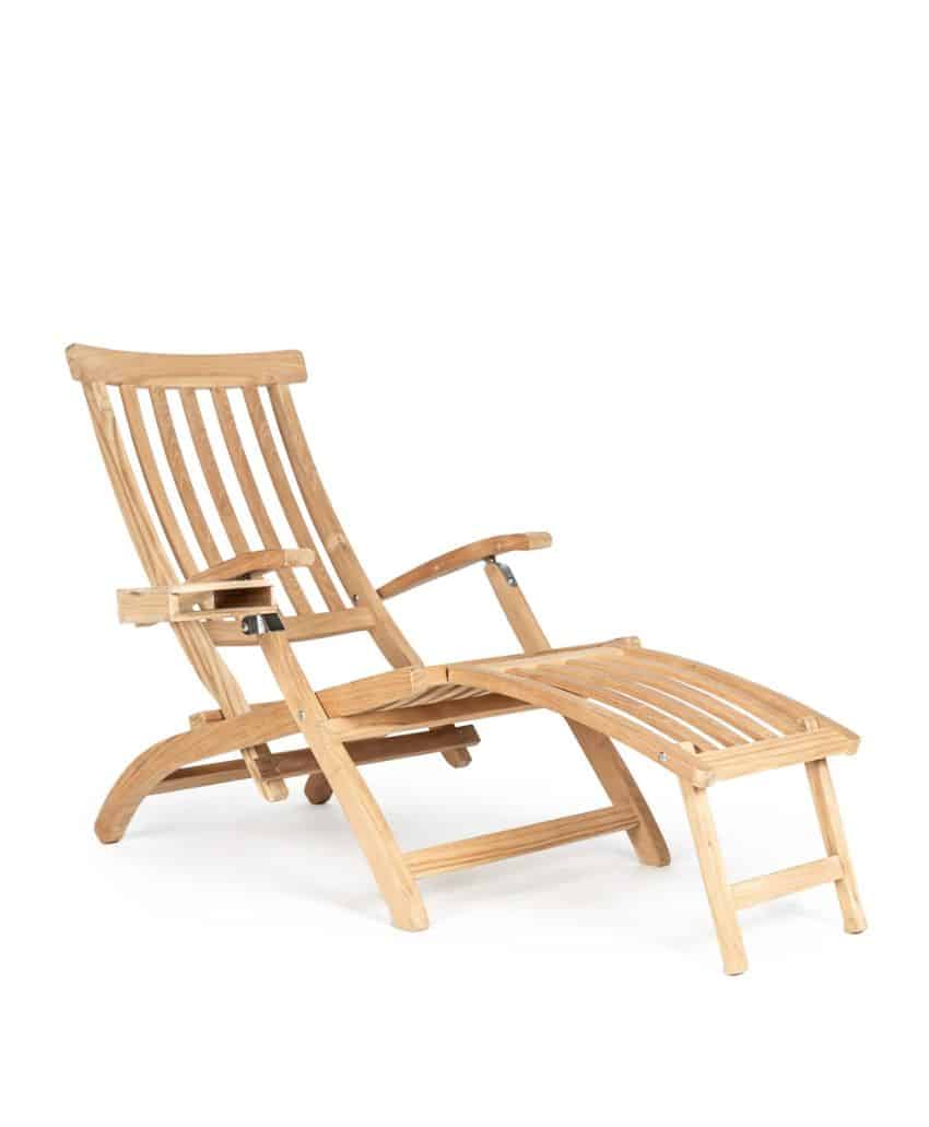 A wooden reclining lounge chair with slatted backrest, armrests, and an extended footrest, shown against a plain white background.