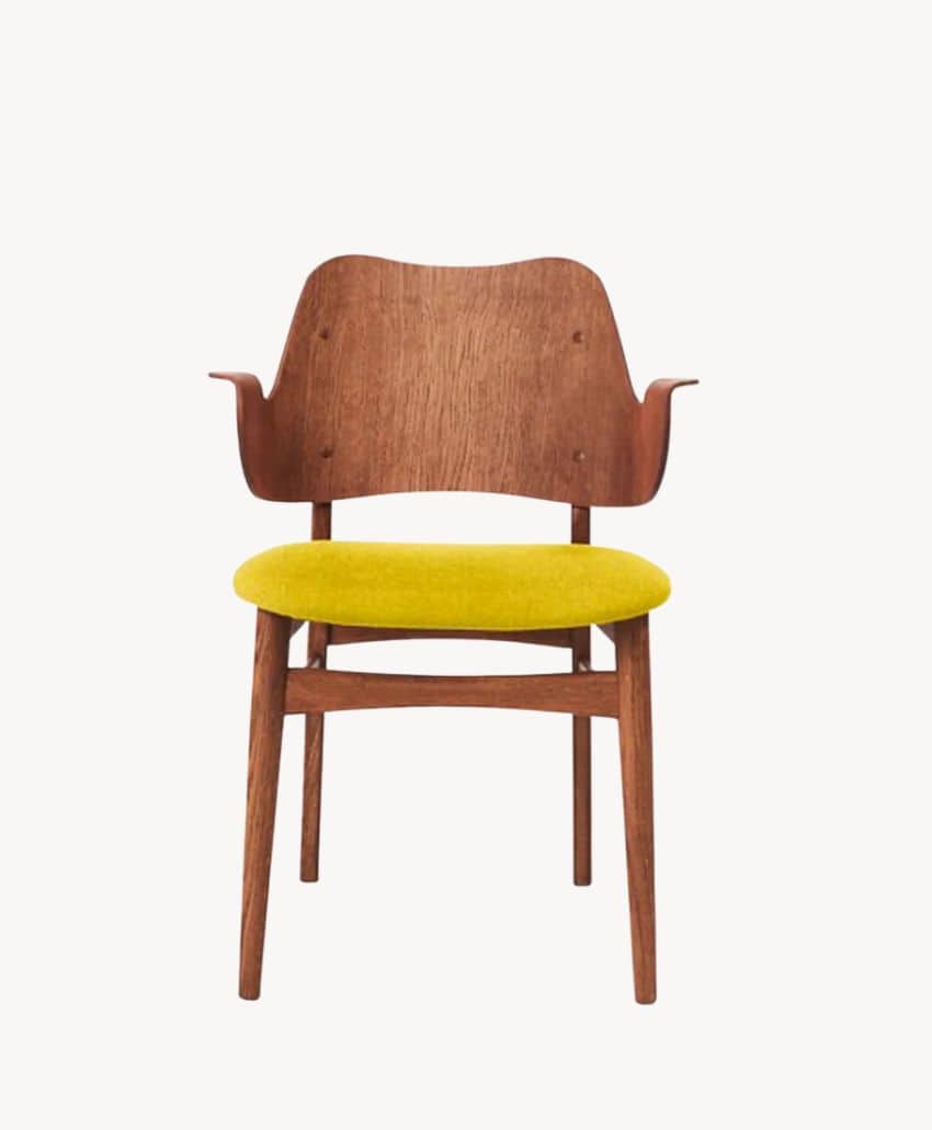 Wooden armchair with a curved backrest and yellow upholstered seat cushion, shown against a plain white background.