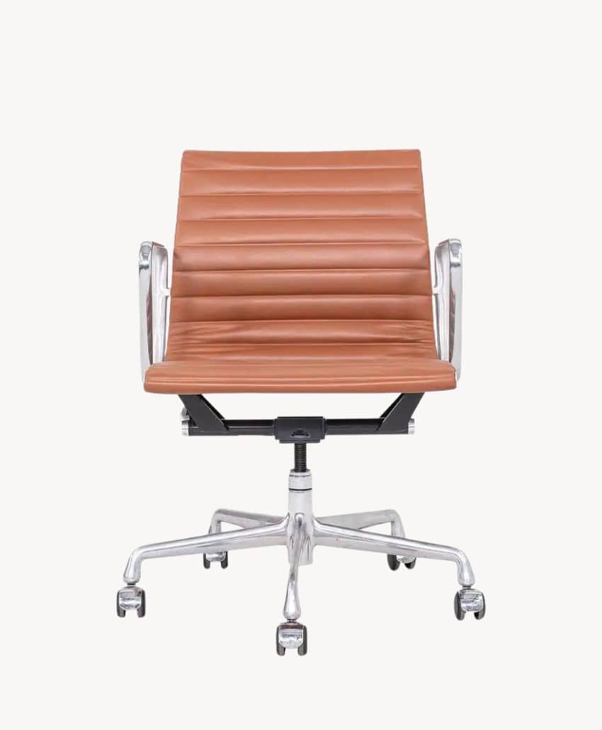 Brown leather office chair with horizontal stitching, chrome armrests, adjustable height, and a five-wheel metal base, photographed against a plain white background.