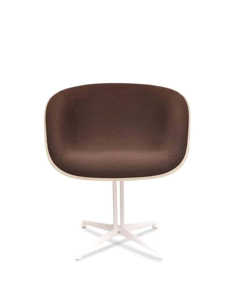 A modern chair with a rounded brown cushioned seat and backrest, supported by a white swivel base with four legs, set against a plain white background.