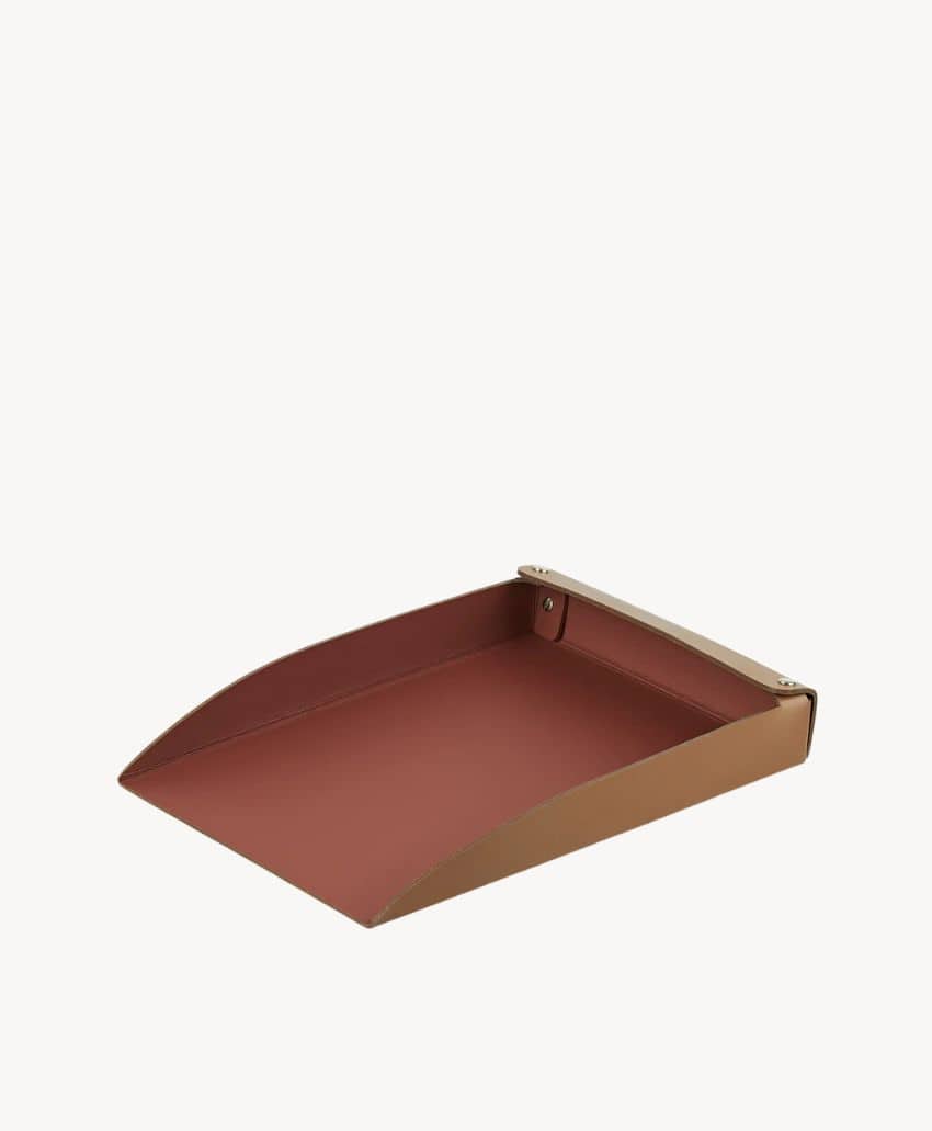 A brown and tan rectangular desk tray with raised sides, open at the front for easy access to papers or documents, set against a plain white background.