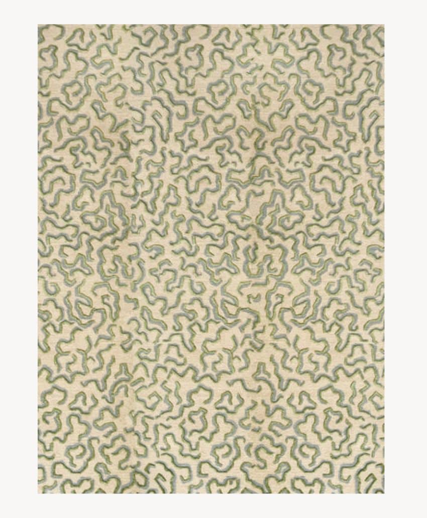 A rectangular rug with an abstract, maze-like pattern in shades of green on a beige background. The design resembles wavy, organic lines creating an overall textured appearance.