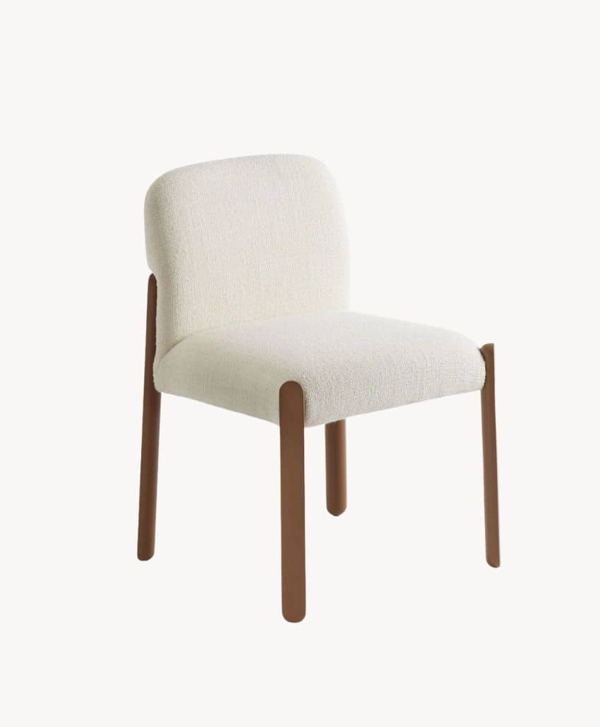 A modern chair with a cushioned, cream-colored fabric seat and backrest, featuring four straight wooden legs and wooden side supports against a plain white background.
